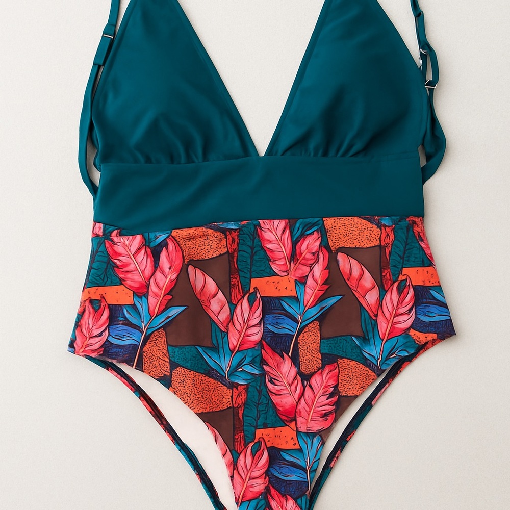 Tropical Print One-Piece Swimsuit XL | Teal & Pink Leaf Pattern